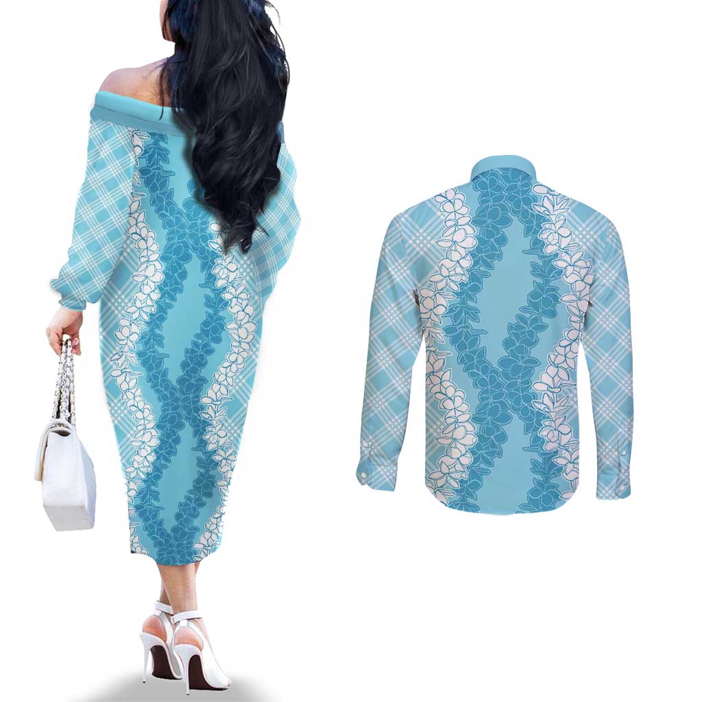 Hawaii Aloha Plumeria Lei Turquoise Palaka Couples Matching Off The Shoulder Long Sleeve Dress and Long Sleeve Button Shirt LT7 - Polynesian Pride