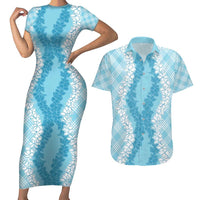 Hawaii Aloha Plumeria Lei Turquoise Palaka Couples Matching Short Sleeve Bodycon Dress and Hawaiian Shirt LT7 Turquoise - Polynesian Pride