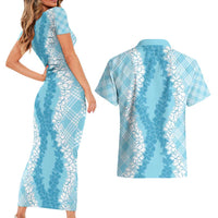 Hawaii Aloha Plumeria Lei Turquoise Palaka Couples Matching Short Sleeve Bodycon Dress and Hawaiian Shirt LT7 - Polynesian Pride