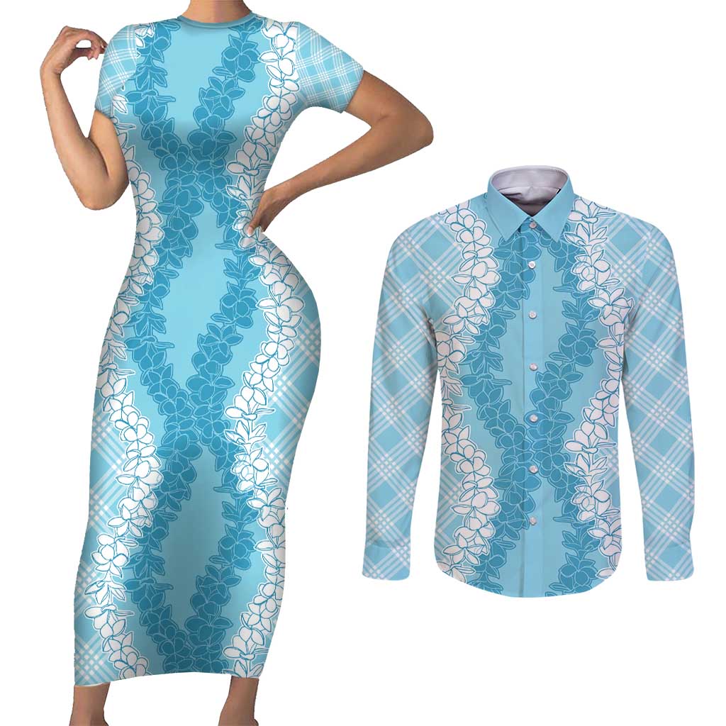 Hawaii Aloha Plumeria Lei Turquoise Palaka Couples Matching Short Sleeve Bodycon Dress and Long Sleeve Button Shirt LT7 Turquoise - Polynesian Pride