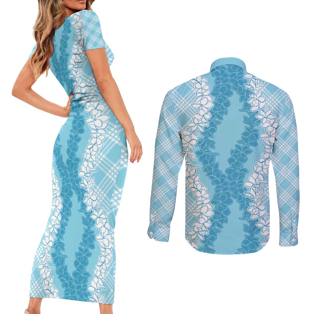 Hawaii Aloha Plumeria Lei Turquoise Palaka Couples Matching Short Sleeve Bodycon Dress and Long Sleeve Button Shirt LT7 - Polynesian Pride
