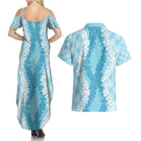 Hawaii Aloha Plumeria Lei Turquoise Palaka Couples Matching Summer Maxi Dress and Hawaiian Shirt LT7 - Polynesian Pride