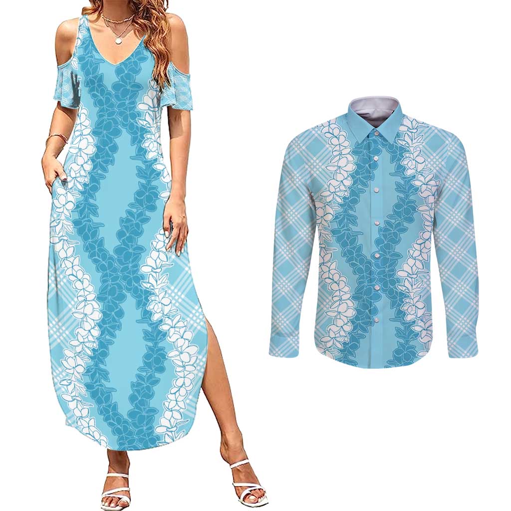 Hawaii Aloha Plumeria Lei Turquoise Palaka Couples Matching Summer Maxi Dress and Long Sleeve Button Shirt - Polynesian Pride