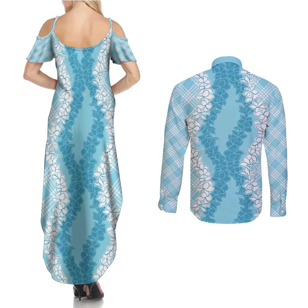 Hawaii Aloha Plumeria Lei Turquoise Palaka Couples Matching Summer Maxi Dress and Long Sleeve Button Shirt LT7 - Polynesian Pride