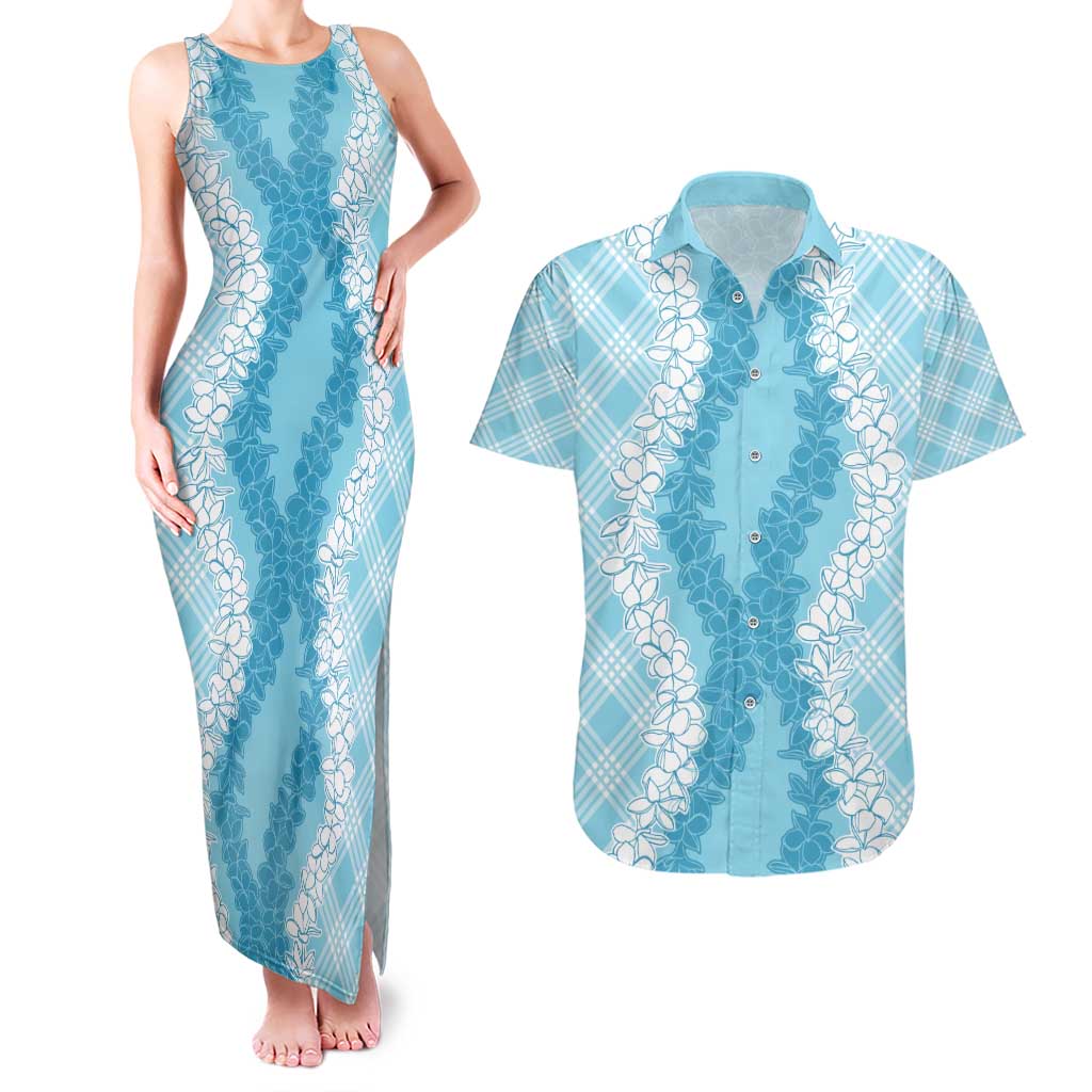 Hawaii Aloha Plumeria Lei Turquoise Palaka Couples Matching Tank Maxi Dress and Hawaiian Shirt LT7 Turquoise - Polynesian Pride