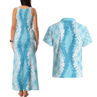 Hawaii Aloha Plumeria Lei Turquoise Palaka Couples Matching Tank Maxi Dress and Hawaiian Shirt LT7 - Polynesian Pride