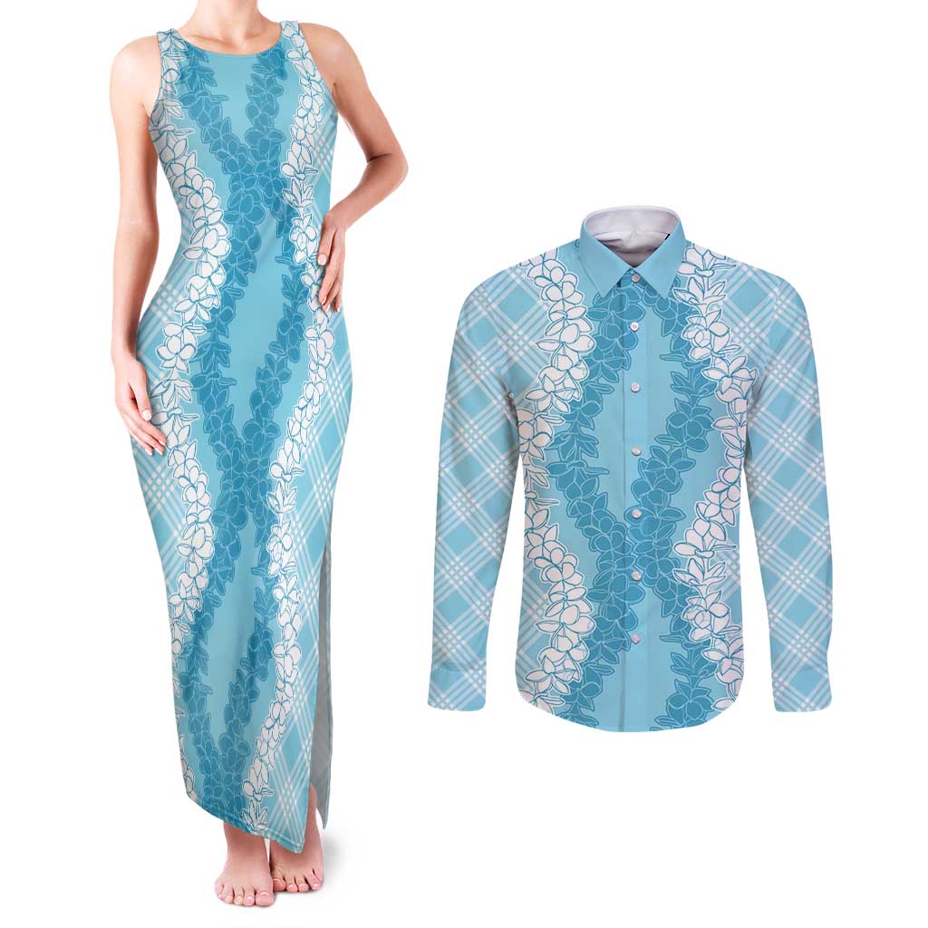 Hawaii Aloha Plumeria Lei Turquoise Palaka Couples Matching Tank Maxi Dress and Long Sleeve Button Shirt LT7 Turquoise - Polynesian Pride