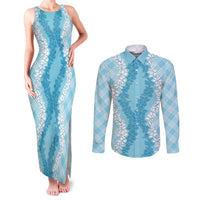 Hawaii Aloha Plumeria Lei Turquoise Palaka Couples Matching Tank Maxi Dress and Long Sleeve Button Shirt LT7 Turquoise - Polynesian Pride