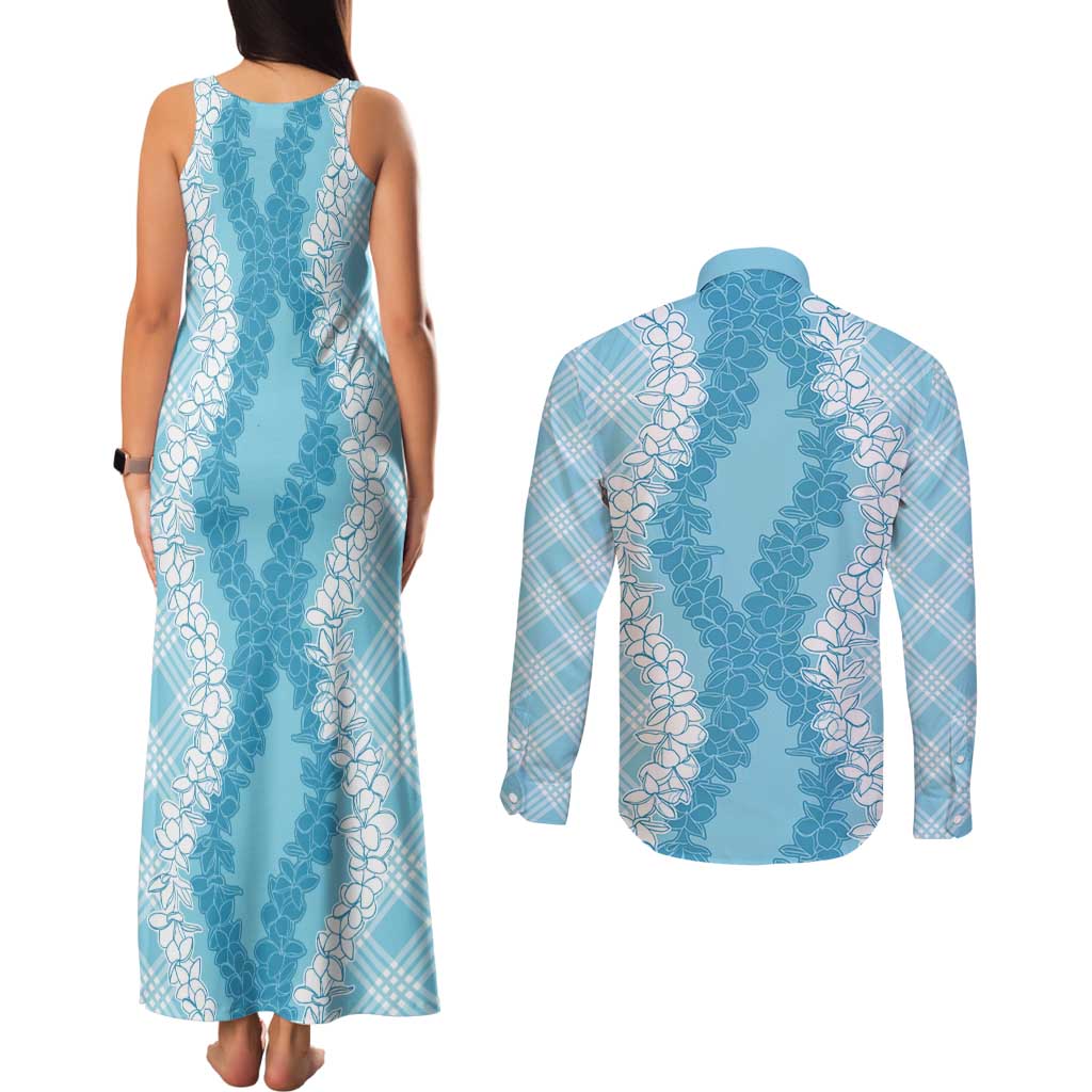 Hawaii Aloha Plumeria Lei Turquoise Palaka Couples Matching Tank Maxi Dress and Long Sleeve Button Shirt LT7 - Polynesian Pride