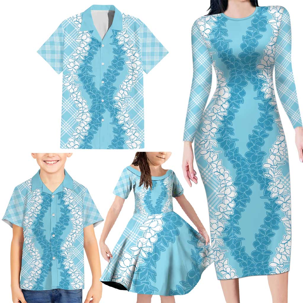 Hawaii Aloha Plumeria Lei Turquoise Palaka Family Matching Long Sleeve Bodycon Dress and Hawaiian Shirt LT7 - Polynesian Pride