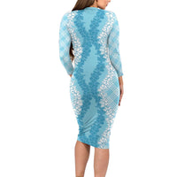 Hawaii Aloha Plumeria Lei Turquoise Palaka Family Matching Long Sleeve Bodycon Dress and Hawaiian Shirt LT7 - Polynesian Pride