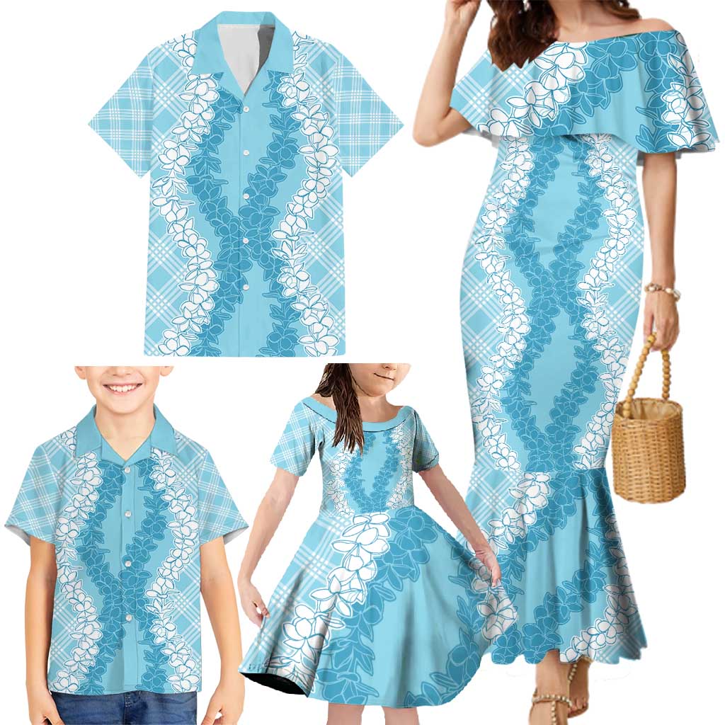 Hawaii Aloha Plumeria Lei Turquoise Palaka Family Matching Mermaid Dress and Hawaiian Shirt LT7 - Polynesian Pride
