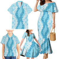 Hawaii Aloha Plumeria Lei Turquoise Palaka Family Matching Mermaid Dress and Hawaiian Shirt LT7 - Polynesian Pride