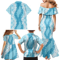 Hawaii Aloha Plumeria Lei Turquoise Palaka Family Matching Mermaid Dress and Hawaiian Shirt LT7 - Polynesian Pride