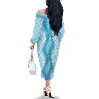 Hawaii Aloha Plumeria Lei Turquoise Palaka Family Matching Off The Shoulder Long Sleeve Dress and Hawaiian Shirt LT7 - Polynesian Pride