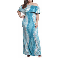 Hawaii Aloha Plumeria Lei Turquoise Palaka Family Matching Off Shoulder Maxi Dress and Hawaiian Shirt LT7 Mom's Dress Turquoise - Polynesian Pride