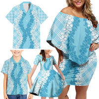 Hawaii Aloha Plumeria Lei Turquoise Palaka Family Matching Off Shoulder Short Dress and Hawaiian Shirt LT7 - Polynesian Pride