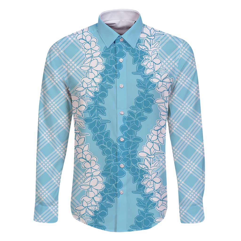 Hawaii Aloha Plumeria Lei Turquoise Palaka Family Matching Off Shoulder Short Dress and Hawaiian Shirt LT7 Dad's Shirt - Long Sleeve Turquoise - Polynesian Pride