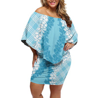Hawaii Aloha Plumeria Lei Turquoise Palaka Family Matching Off Shoulder Short Dress and Hawaiian Shirt LT7 Mom's Dress Turquoise - Polynesian Pride
