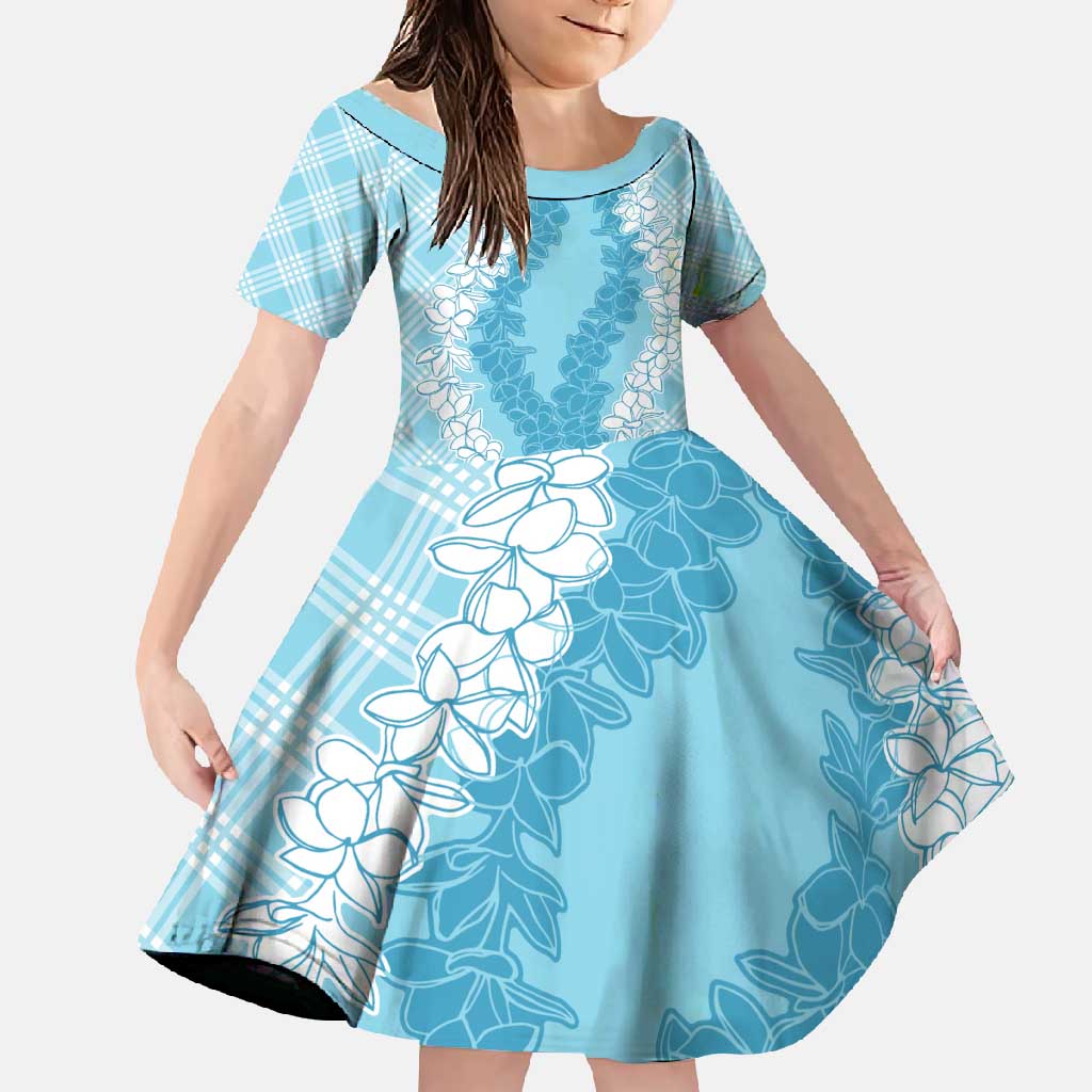 Hawaii Aloha Plumeria Lei Turquoise Palaka Family Matching Short Sleeve Bodycon Dress and Hawaiian Shirt LT7 Daughter's Dress Turquoise - Polynesian Pride