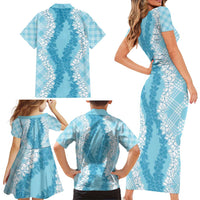 Hawaii Aloha Plumeria Lei Turquoise Palaka Family Matching Short Sleeve Bodycon Dress and Hawaiian Shirt LT7 - Polynesian Pride