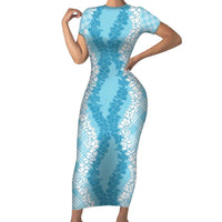 Hawaii Aloha Plumeria Lei Turquoise Palaka Family Matching Short Sleeve Bodycon Dress and Hawaiian Shirt LT7 Mom's Dress Turquoise - Polynesian Pride