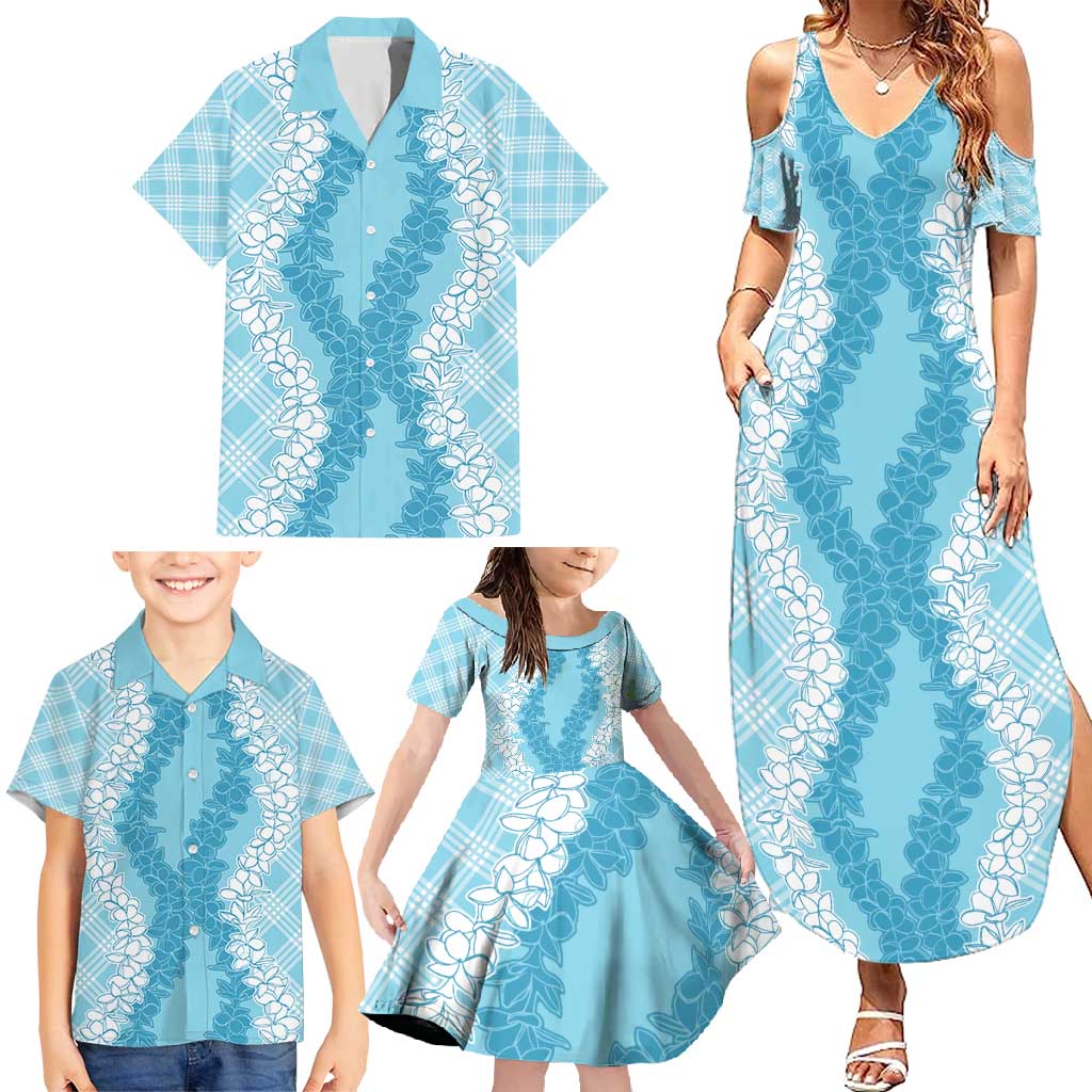 Hawaii Aloha Plumeria Lei Turquoise Palaka Family Matching Summer Maxi Dress and Hawaiian Shirt LT7 - Polynesian Pride