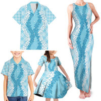 Hawaii Aloha Plumeria Lei Turquoise Palaka Family Matching Tank Maxi Dress and Hawaiian Shirt LT7 - Polynesian Pride