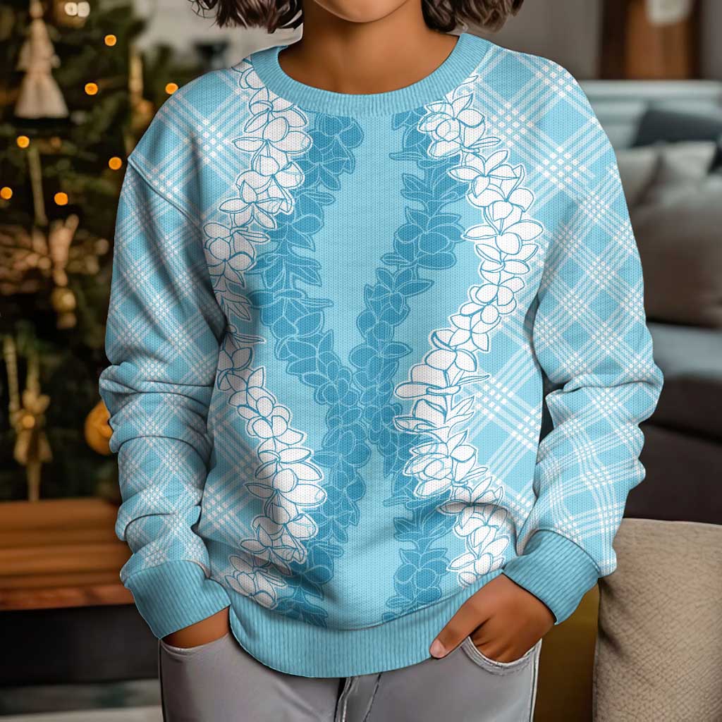 Hawaii Aloha Plumeria Lei Turquoise Palaka Kid Ugly Christmas Sweater - Polynesian Pride