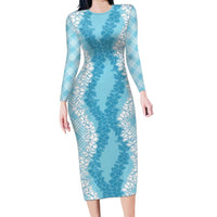 Hawaii Aloha Plumeria Lei Turquoise Palaka Long Sleeve Bodycon Dress - Polynesian Pride