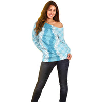 Hawaii Aloha Plumeria Lei Turquoise Palaka Off Shoulder Sweater - Polynesian Pride