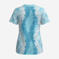 Hawaii Aloha Plumeria Lei Turquoise Palaka Scrub Top - Polynesian Pride
