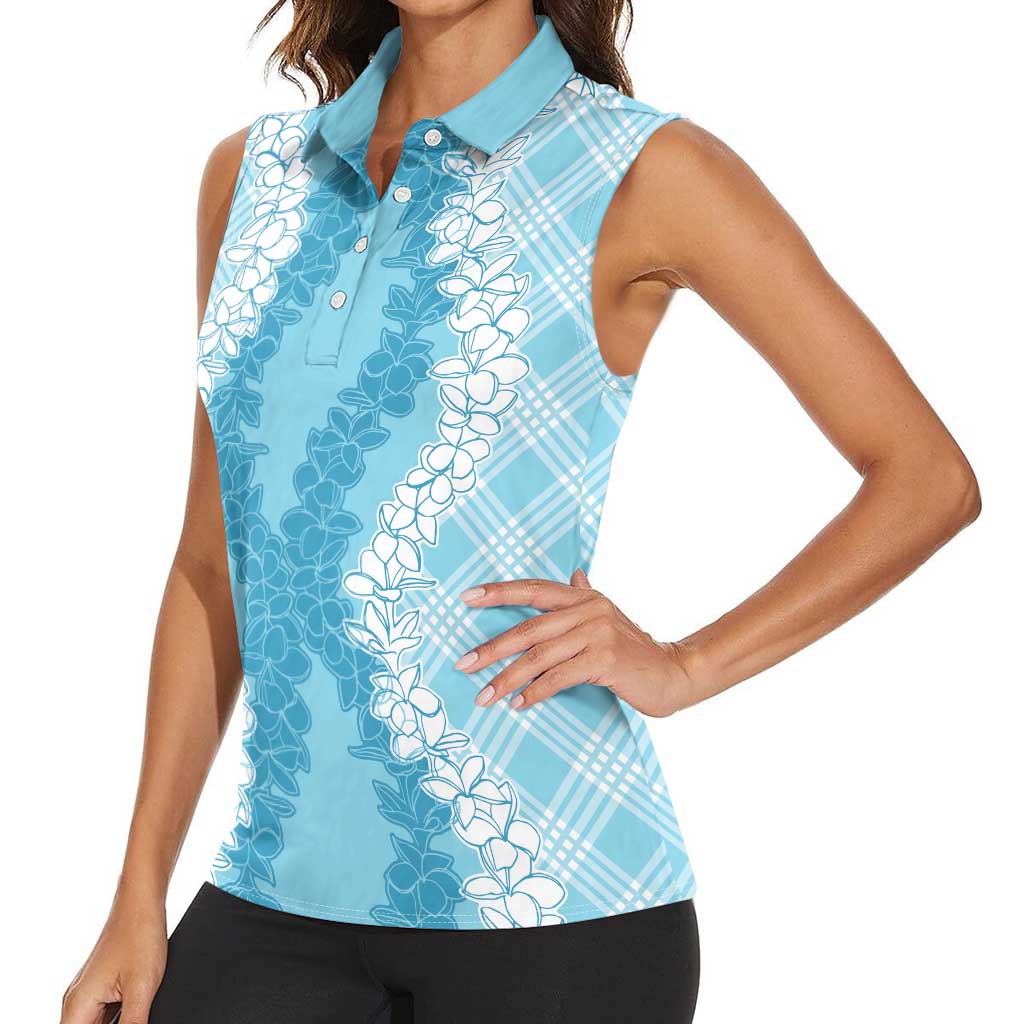 Hawaii Aloha Plumeria Lei Turquoise Palaka Women Sleeveless Polo Shirt LT7 - Polynesian Pride