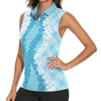Hawaii Aloha Plumeria Lei Turquoise Palaka Women Sleeveless Polo Shirt LT7 - Polynesian Pride