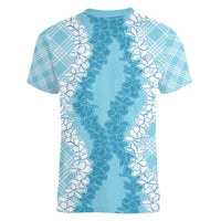 Hawaii Aloha Plumeria Lei Turquoise Palaka Women V-Neck T-Shirt - Polynesian Pride
