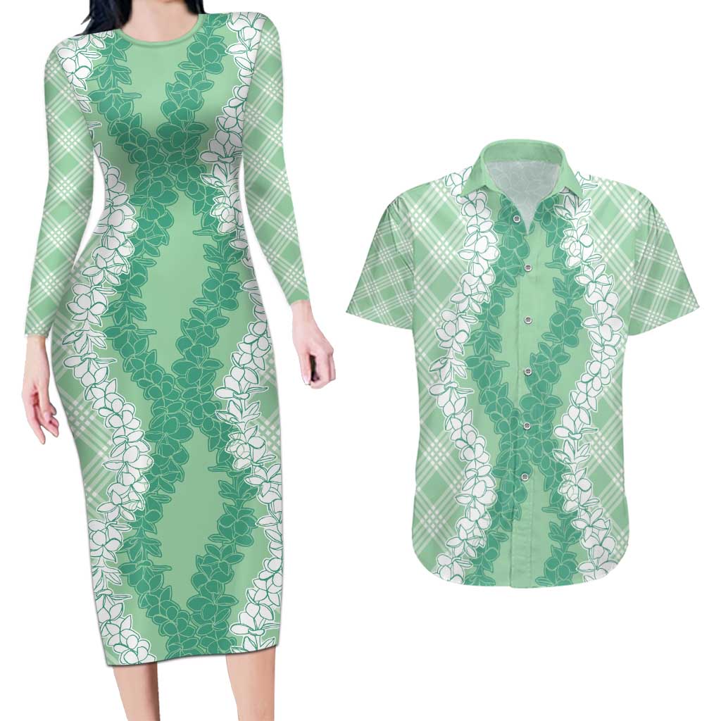 Hawaii Aloha Plumeria Lei Mint Palaka Couples Matching Long Sleeve Bodycon Dress and Hawaiian Shirt LT7 Mint - Polynesian Pride
