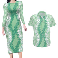 Hawaii Aloha Plumeria Lei Mint Palaka Couples Matching Long Sleeve Bodycon Dress and Hawaiian Shirt LT7 Mint - Polynesian Pride