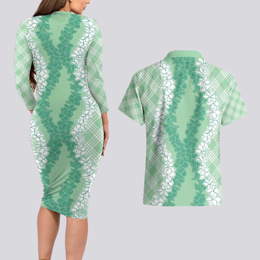 Hawaii Aloha Plumeria Lei Mint Palaka Couples Matching Long Sleeve Bodycon Dress and Hawaiian Shirt LT7 - Polynesian Pride