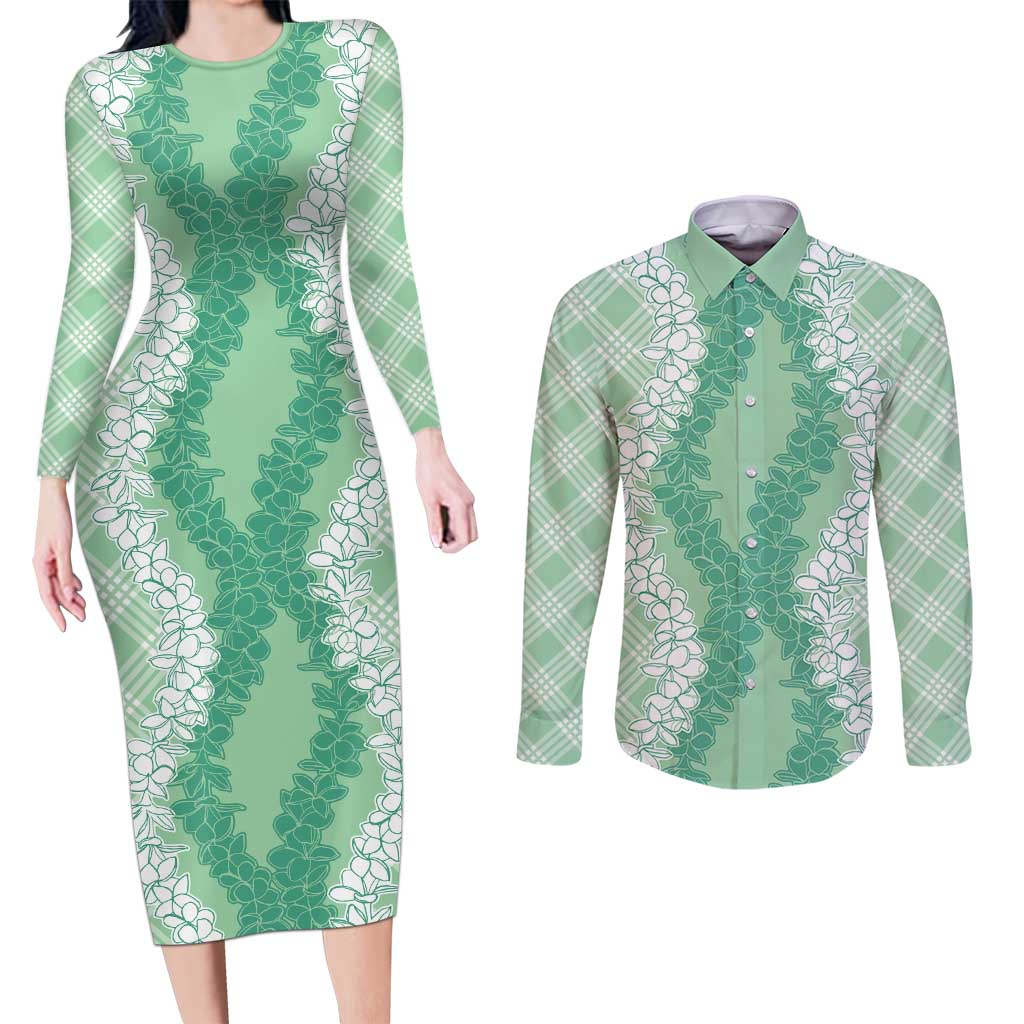 Hawaii Aloha Plumeria Lei Mint Palaka Couples Matching Long Sleeve Bodycon Dress and Long Sleeve Button Shirt LT7 Mint - Polynesian Pride