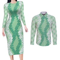 Hawaii Aloha Plumeria Lei Mint Palaka Couples Matching Long Sleeve Bodycon Dress and Long Sleeve Button Shirt LT7 Mint - Polynesian Pride