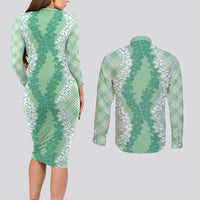 Hawaii Aloha Plumeria Lei Mint Palaka Couples Matching Long Sleeve Bodycon Dress and Long Sleeve Button Shirt LT7 - Polynesian Pride