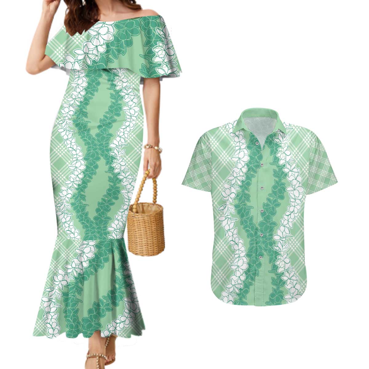 Hawaii Aloha Plumeria Lei Mint Palaka Couples Matching Mermaid Dress and Hawaiian Shirt LT7 Mint - Polynesian Pride