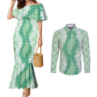 Hawaii Aloha Plumeria Lei Mint Palaka Couples Matching Mermaid Dress and Long Sleeve Button Shirt LT7 Mint - Polynesian Pride