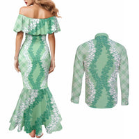 Hawaii Aloha Plumeria Lei Mint Palaka Couples Matching Mermaid Dress and Long Sleeve Button Shirt LT7 - Polynesian Pride