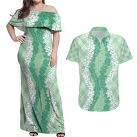 Hawaii Aloha Plumeria Lei Mint Palaka Couples Matching Off Shoulder Maxi Dress and Hawaiian Shirt LT7 Mint - Polynesian Pride