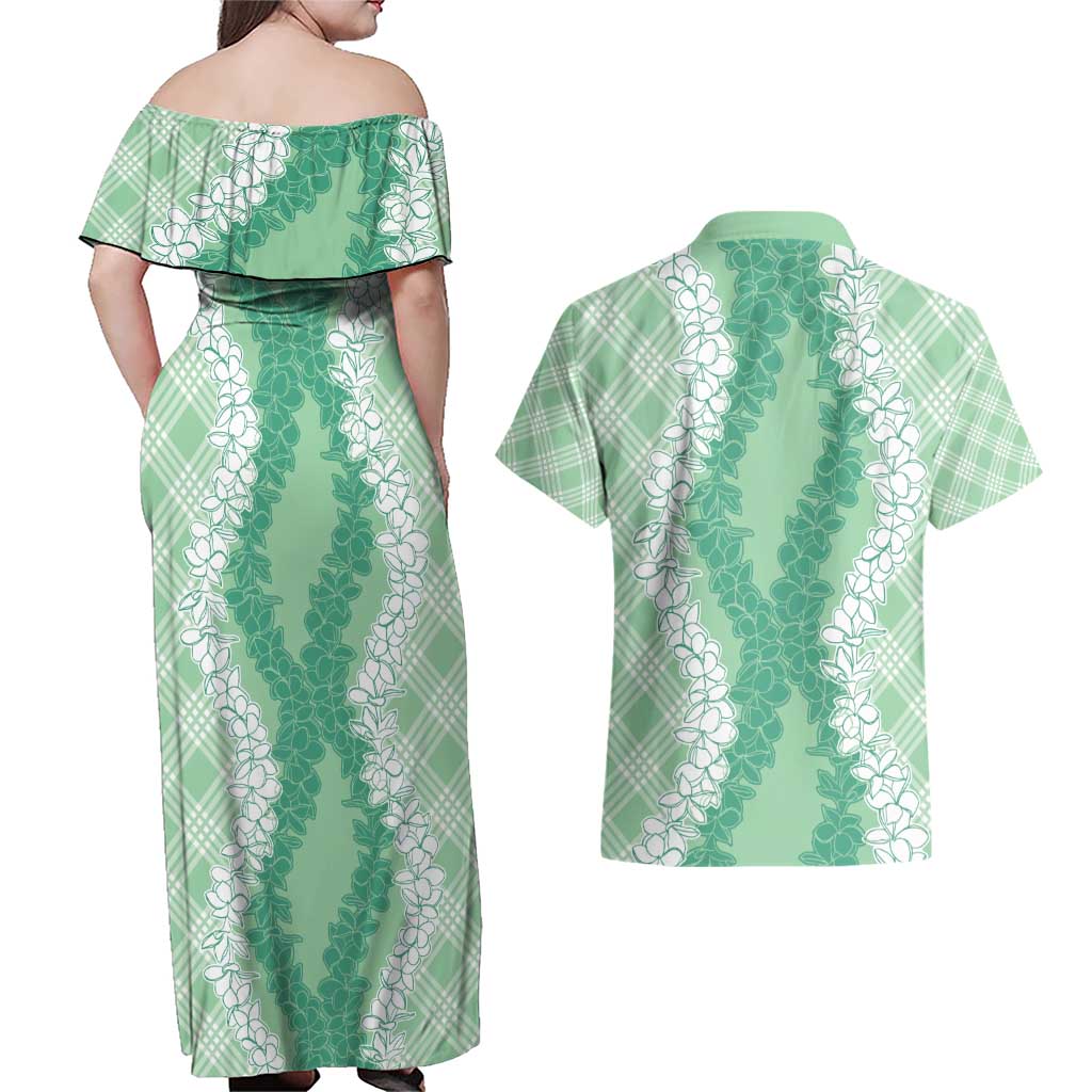 Hawaii Aloha Plumeria Lei Mint Palaka Couples Matching Off Shoulder Maxi Dress and Hawaiian Shirt LT7 - Polynesian Pride