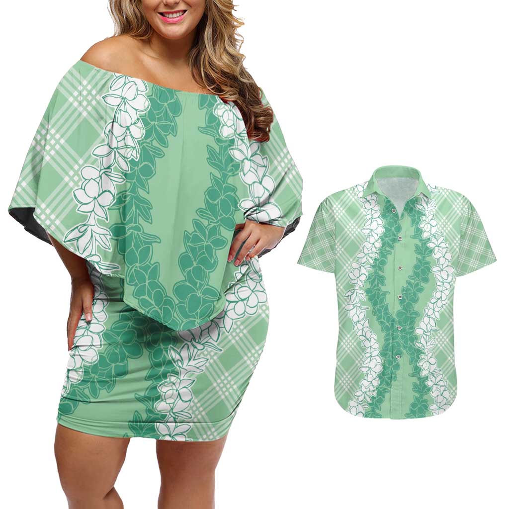 Hawaii Aloha Plumeria Lei Mint Palaka Couples Matching Off Shoulder Short Dress and Hawaiian Shirt LT7 Mint - Polynesian Pride