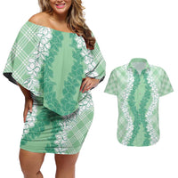 Hawaii Aloha Plumeria Lei Mint Palaka Couples Matching Off Shoulder Short Dress and Hawaiian Shirt LT7 Mint - Polynesian Pride