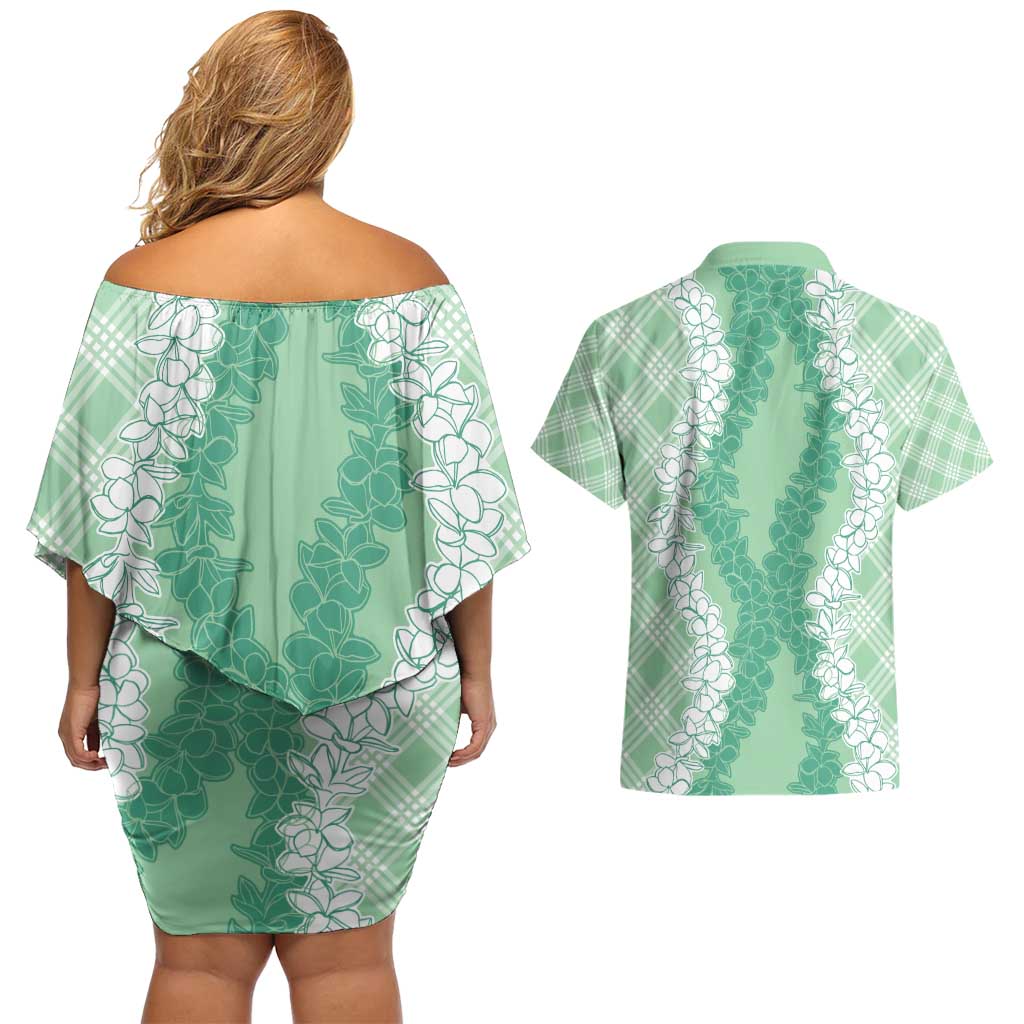 Hawaii Aloha Plumeria Lei Mint Palaka Couples Matching Off Shoulder Short Dress and Hawaiian Shirt LT7 - Polynesian Pride