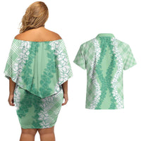 Hawaii Aloha Plumeria Lei Mint Palaka Couples Matching Off Shoulder Short Dress and Hawaiian Shirt LT7 - Polynesian Pride